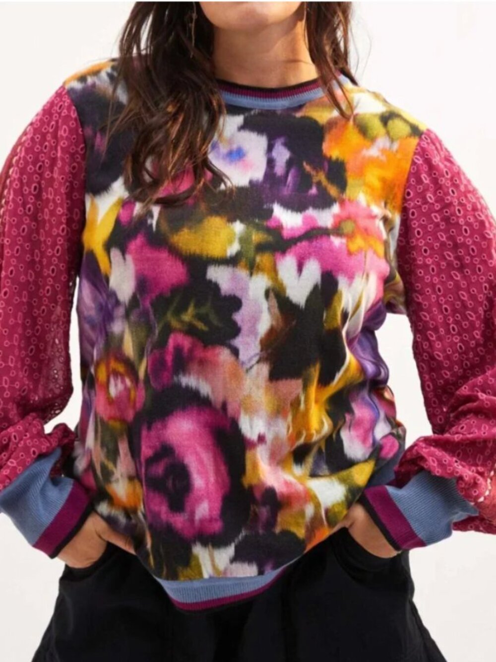 Anthropologie Bl-nk London Pullover Blouse M Pink Contrast Eyelet Puff Sleeve